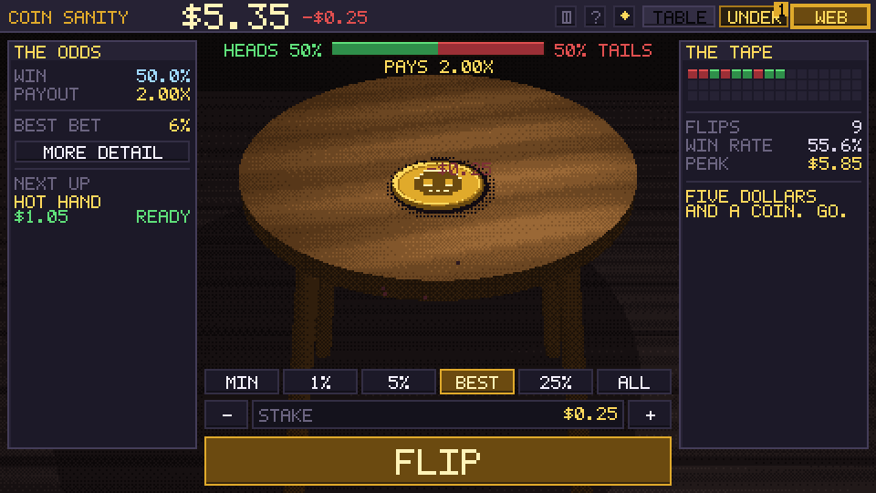 COIN SANITY: a pixel-art card table with a gold coin